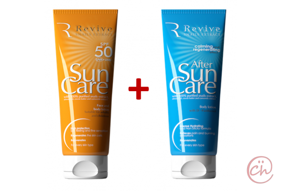 ПРОМО Комплект слънцезащитен лосион SPF 50 + успокояващ лосион за след слънце с екстракт от охлюви – Revive Snails Extract